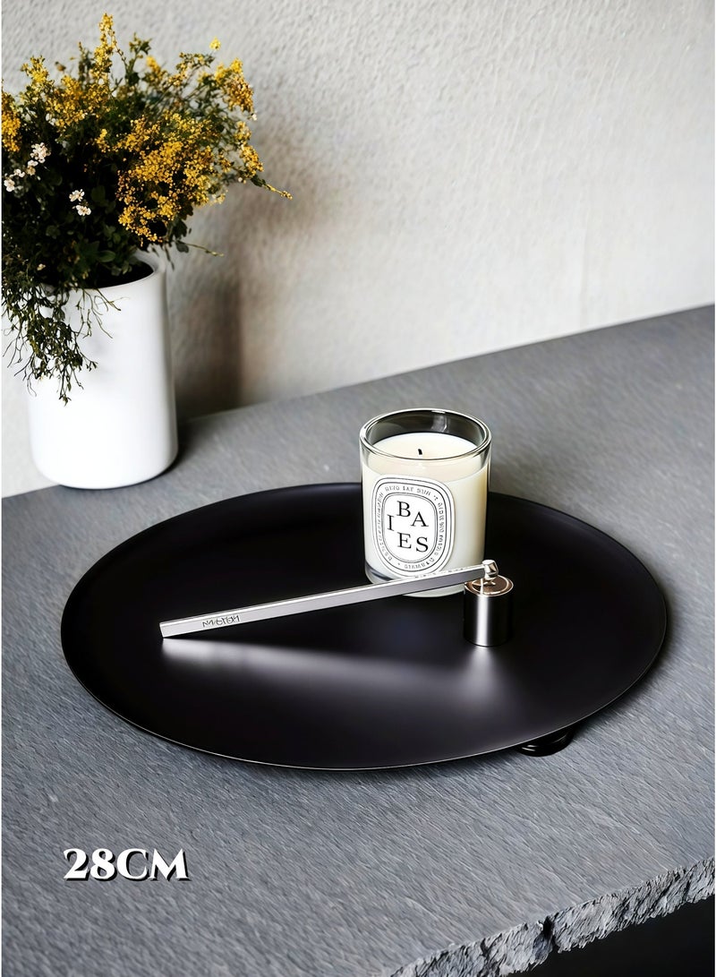 28cm  Round Solid Wood Base Stainless Steel Decorative Tray , Candle Holder,Perfume, Jewelry Dish Cosmetics Snacks, Fruits Organizer, Entryway, Bedroom, Coffee Tables, Dining Tables, Bathroom Serving Platter, Storage Tray, Ramadan Home Decor,Matte Black (11Inch) - Image 1