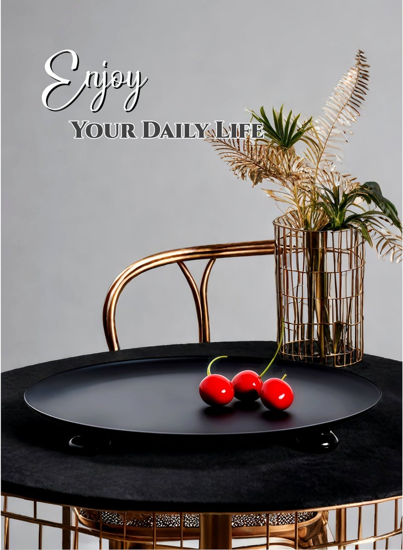 28cm  Round Solid Wood Base Stainless Steel Decorative Tray , Candle Holder,Perfume, Jewelry Dish Cosmetics Snacks, Fruits Organizer, Entryway, Bedroom, Coffee Tables, Dining Tables, Bathroom Serving Platter, Storage Tray, Ramadan Home Decor,Matte Black (11Inch) - Image 3