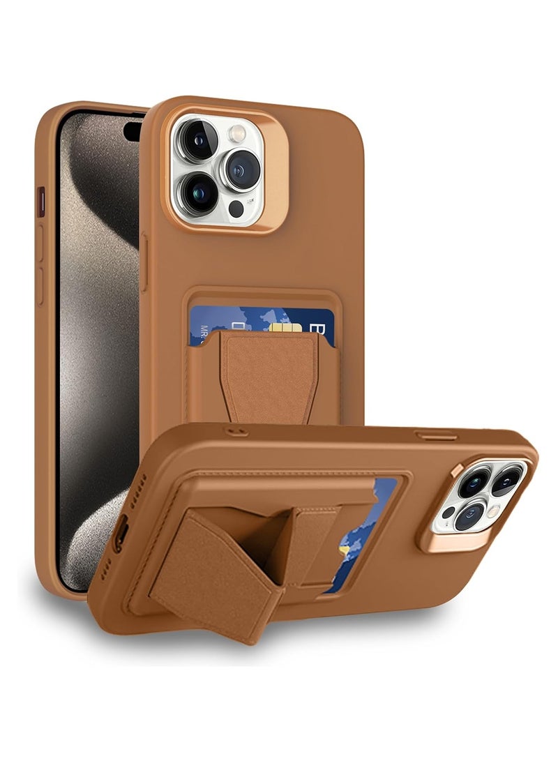 DUSALA Leather Card Holder Case Compatible with iPhone 15 Pro Max 6.7 inch, Shockproof Leather Back Card Storage Plus Phone Stand (Brown) - Image 1