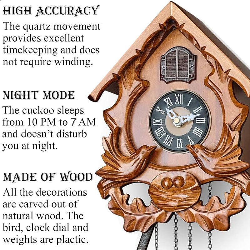 POBKING Cuckoo Clock with Night Mode, Singing Bird and Carved Wood Decorations - Image 2