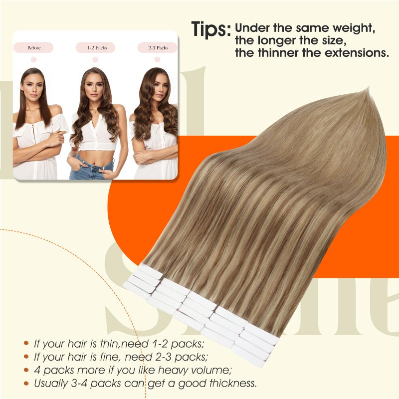 Full Shine Remy Tape in Human Hair Extensions 18Inch Double Sided Tape in Extensions Color 10/16/16 Balayage Seamless Skin Weft Long Hair 50Gram 20Pcs for Wedding Add Length Straight - Image 4