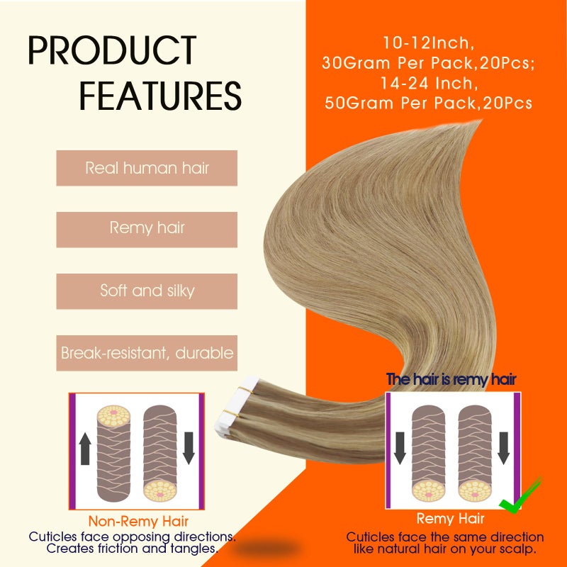 Full Shine Remy Tape in Human Hair Extensions 18Inch Double Sided Tape in Extensions Color 10/16/16 Balayage Seamless Skin Weft Long Hair 50Gram 20Pcs for Wedding Add Length Straight - Image 3