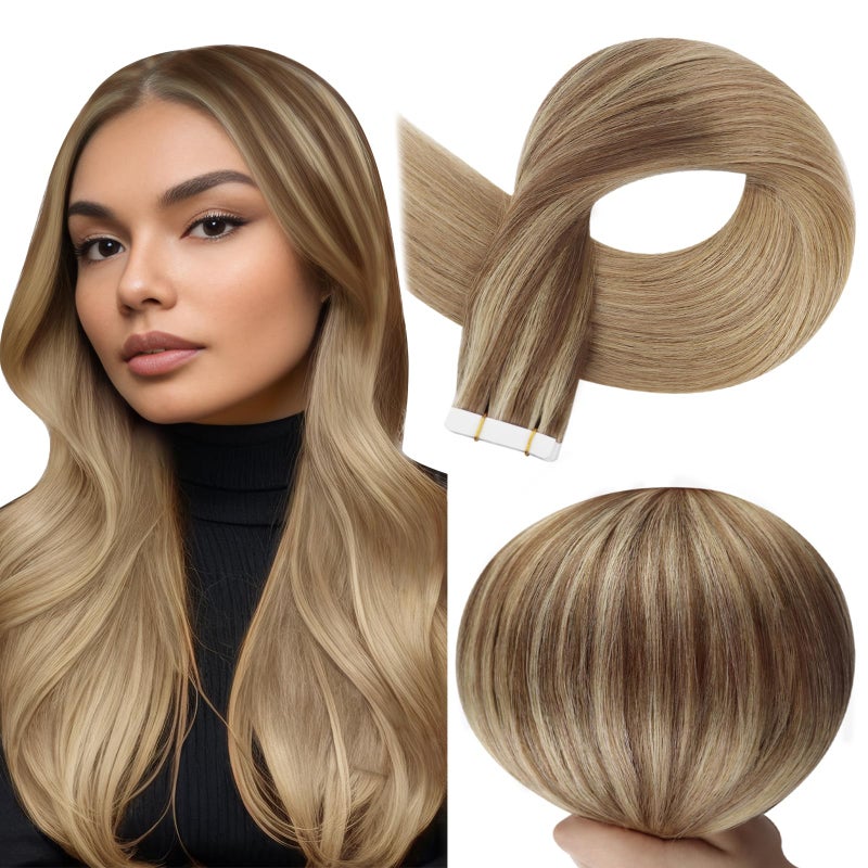 Full Shine Remy Tape in Human Hair Extensions 18Inch Double Sided Tape in Extensions Color 10/16/16 Balayage Seamless Skin Weft Long Hair 50Gram 20Pcs for Wedding Add Length Straight - Image 1