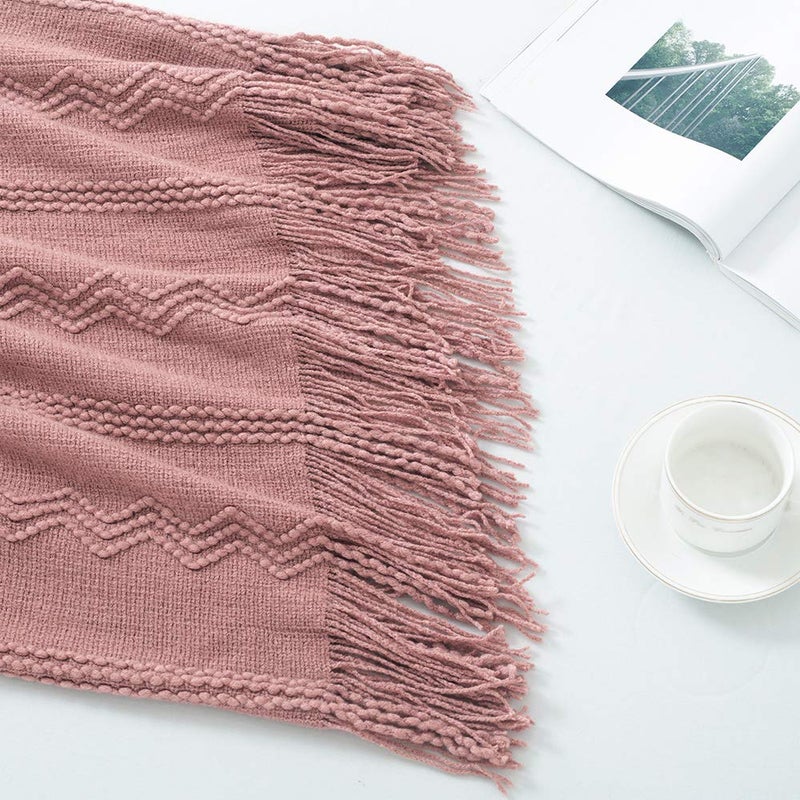BOURINA Coral Pink Throw Blanket 50x60 Inches Throw Textured Solid Soft Sofa Couch Decorative Knit Blanket - Image 3