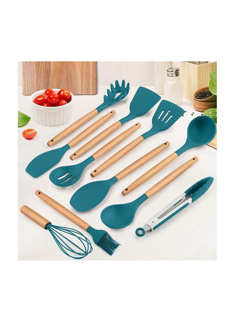 E-far Kitchen Utensils Set of 12, Silicone Cooking Utensils with Holder, Non-stick Cookware Friendly & Heat Resistant, Includes Spatula Tong Whisk Ladle Brush Slotted Turner Spoon(assorted color)  - Image 2