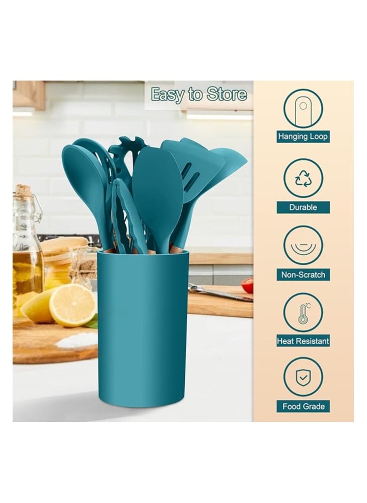 E-far Kitchen Utensils Set of 12, Silicone Cooking Utensils with Holder, Non-stick Cookware Friendly & Heat Resistant, Includes Spatula Tong Whisk Ladle Brush Slotted Turner Spoon(assorted color)  - Image 3