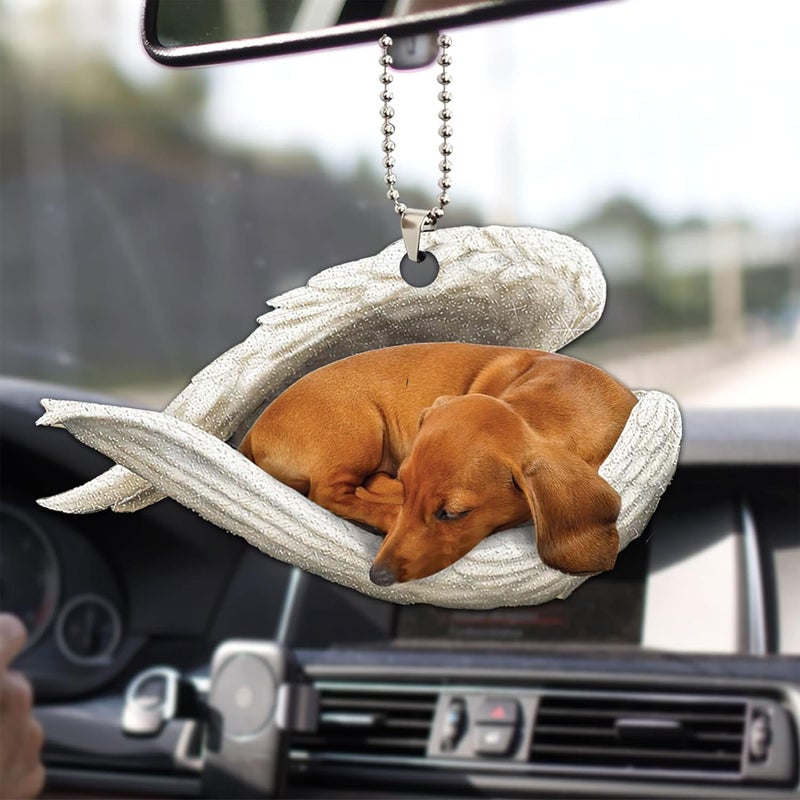 Talataca Dachshund Sleeping Angel Wing Car Ornament - 2D Flat Rear View Mirror Decoration - Image 1