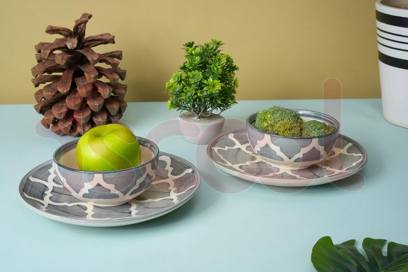 FS COOL Hand Painted Ceramic Plates and Bowls with Vibrant Color Set of 2 Plates 8 Inch with Set of 2 Bowls 200 Ml 10 Cm Dishwasher Microwave Safe for Serving Noodles Snacks Soups Grey - Image 4