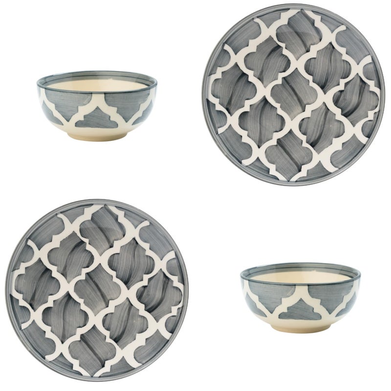 FS COOL Hand Painted Ceramic Plates and Bowls with Vibrant Color Set of 2 Plates 8 Inch with Set of 2 Bowls 200 Ml 10 Cm Dishwasher Microwave Safe for Serving Noodles Snacks Soups Grey - Image 1