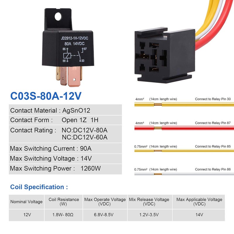 Ehdis ريلاي إهديس 4 دبابيس مع حزمة للسيارات والشاحنات والمحركات الثقيلة 80A 12V تشغيل/إيقاف عادة مفتوح SPST مقبس ريلاي 4 أسلاك للسيارات - Image 2