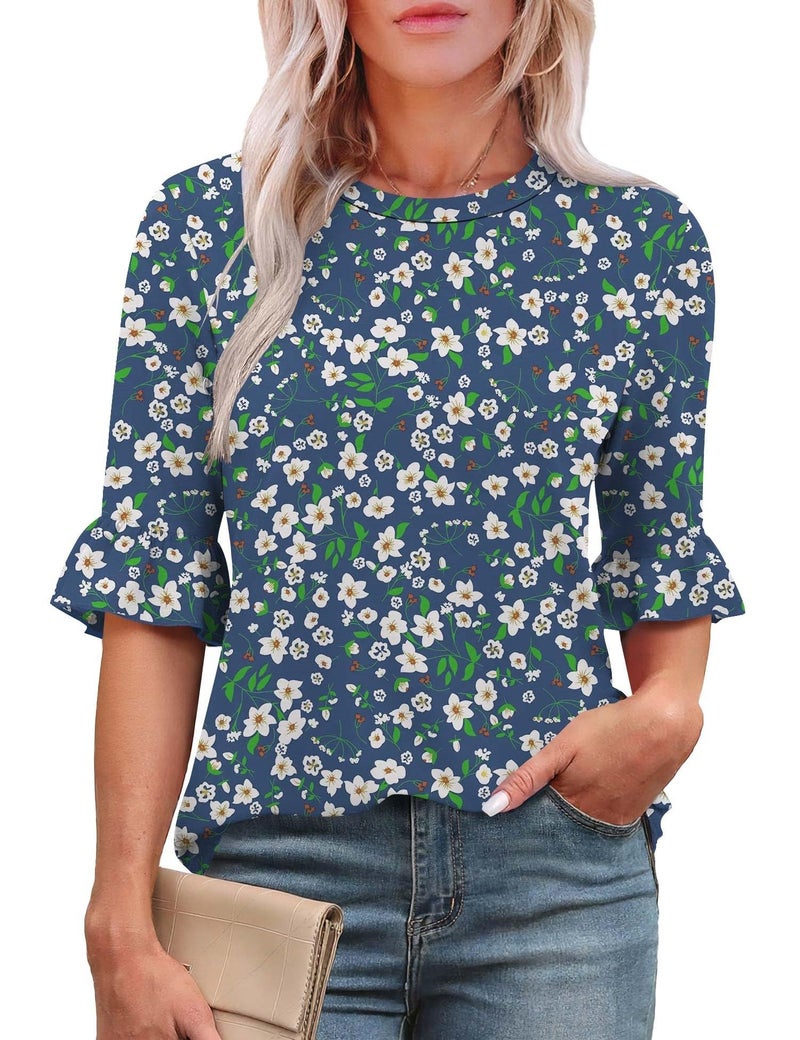 Rapbin Summer 3/4 Length Sleeve Tops for Women 2025 Trendy Tunics or Tops to Wear with Leggings Dark Blue Flower Print Blouses, M - Image 1