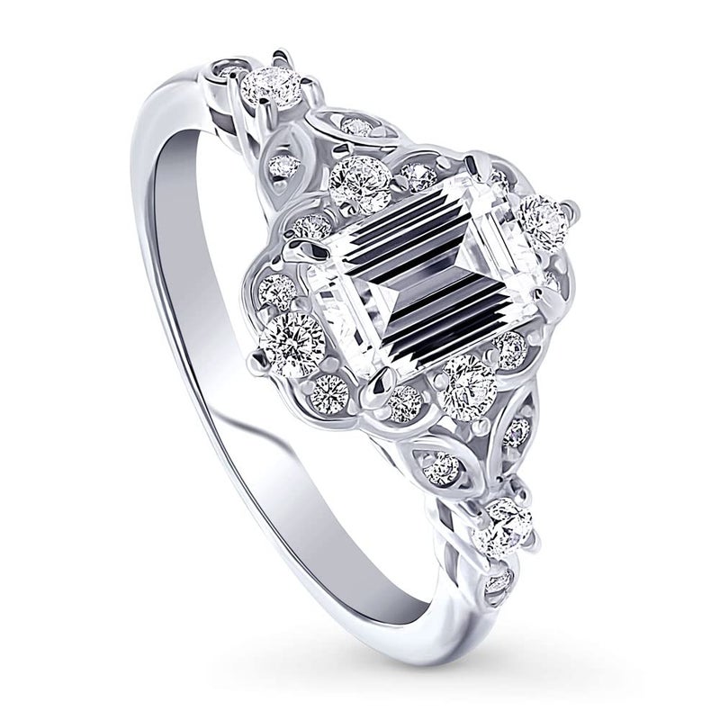 BERRICLE Sterling Silver Halo Wedding Engagement Rings Step Emerald Cut Cubic Zirconia CZ Vintage Inspired Art Deco Ring for Women, Rhodium Plated Size 7 - Image 1