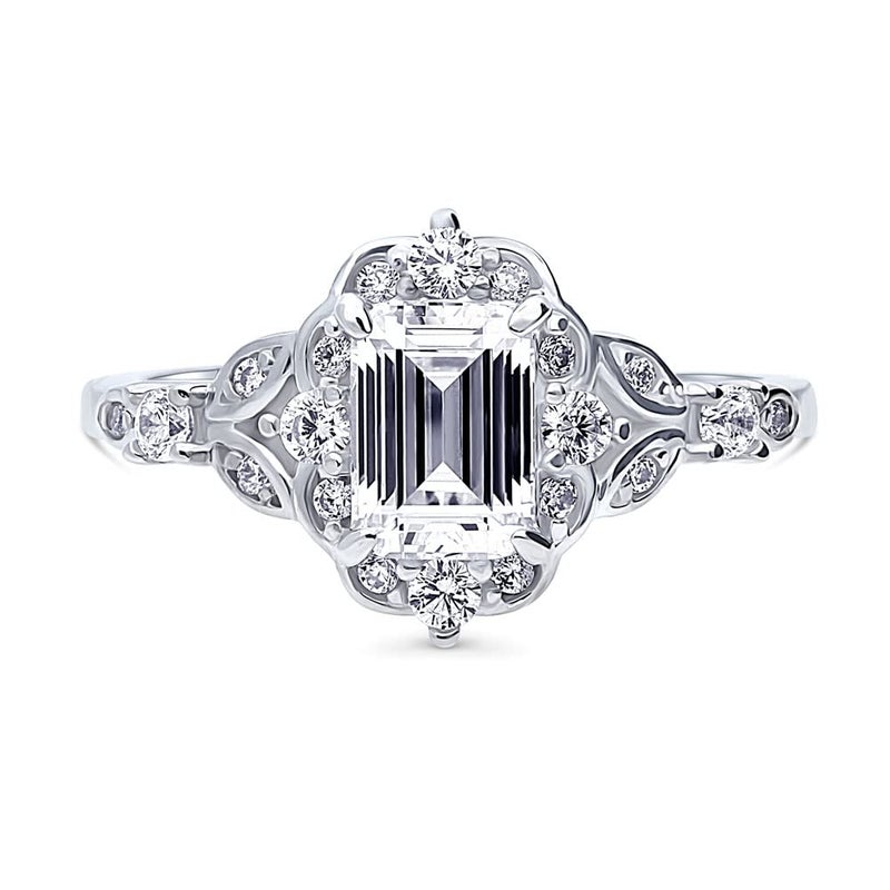 BERRICLE Sterling Silver Halo Wedding Engagement Rings Step Emerald Cut Cubic Zirconia CZ Vintage Inspired Art Deco Ring for Women, Rhodium Plated Size 7 - Image 2