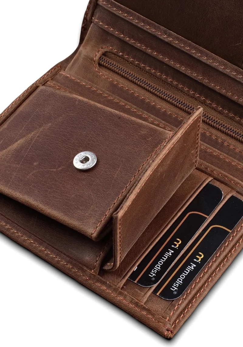 Mimodish 2501 First Class Workmanship Luxury Genuine Real Leather Hidden Coin Pocket Zippered Middle Compartment Gift for Lover Credit Card Holder Milk Coffee Luxury Real Leather Men's Wallet