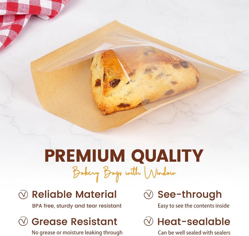 Foranda 100 عبوة أكياس تغليف البسكويت مع ختم، 5.7x6.5 بوصة أكياس مخبز ورقية مع نافذة، قابلة للختم بالحرارة ومقاومة للدهون لأكياس بيع المخبوزات، للحلويات، الدونات، شريحة الكعك، السكون، البراوني - Image 4