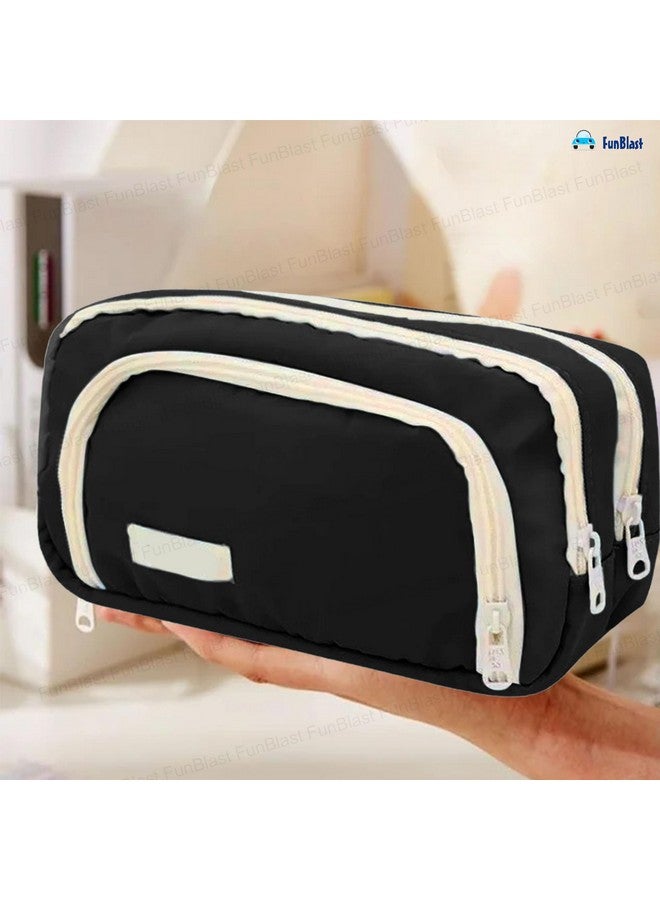 فنبلاست حافظة أقلام فن بلاست كبيرة السعة، متعددة الجيوب بسحاب مزدوج، حقيبة أقلام محمولة، حقيبة جمالية، حافظة أقلام كاواي، حقائب لطيفة للفتيات، حقيبة تنظيم أدوات مكتبية (أسود) - Image 4