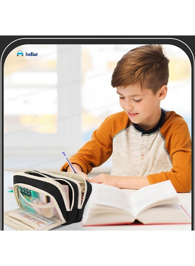 فنبلاست حافظة أقلام فن بلاست كبيرة السعة، متعددة الجيوب بسحاب مزدوج، حقيبة أقلام محمولة، حقيبة جمالية، حافظة أقلام كاواي، حقائب لطيفة للفتيات، حقيبة تنظيم أدوات مكتبية (أسود) - Image 5