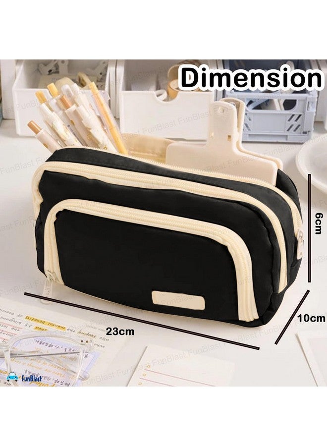 فنبلاست حافظة أقلام فن بلاست كبيرة السعة، متعددة الجيوب بسحاب مزدوج، حقيبة أقلام محمولة، حقيبة جمالية، حافظة أقلام كاواي، حقائب لطيفة للفتيات، حقيبة تنظيم أدوات مكتبية (أسود) - Image 3