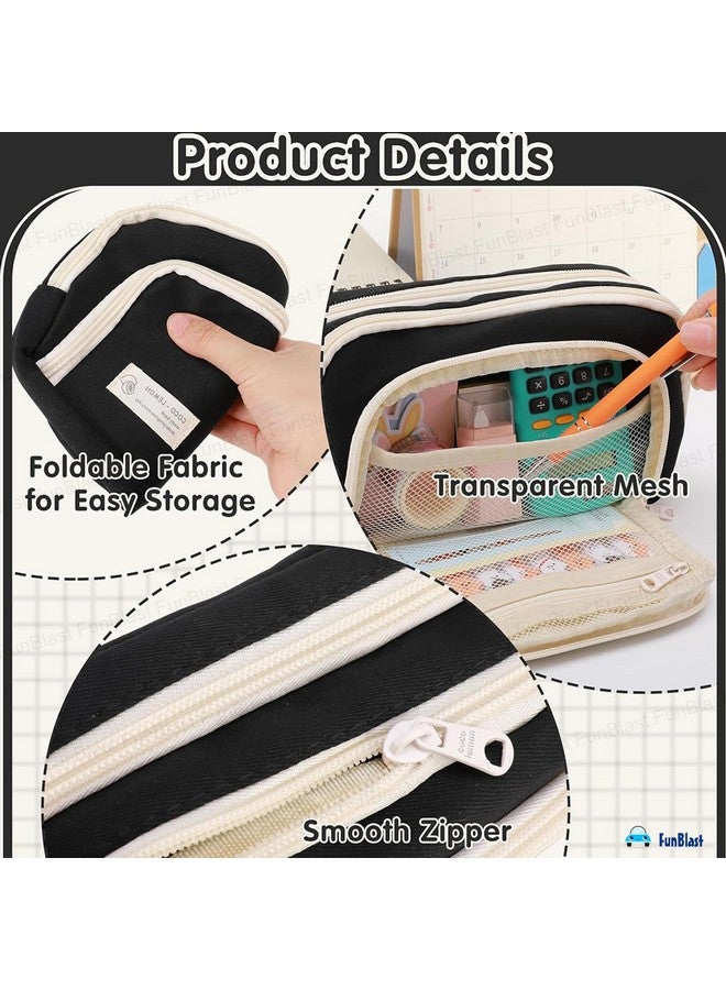 فنبلاست حافظة أقلام فن بلاست كبيرة السعة، متعددة الجيوب بسحاب مزدوج، حقيبة أقلام محمولة، حقيبة جمالية، حافظة أقلام كاواي، حقائب لطيفة للفتيات، حقيبة تنظيم أدوات مكتبية (أسود) - Image 2