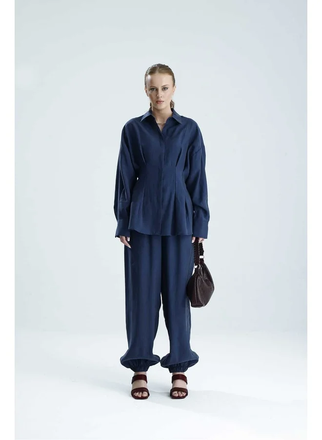 GACACOLLECTION AGAPI Indigo Belted Shirt Palazzo Pants Set.