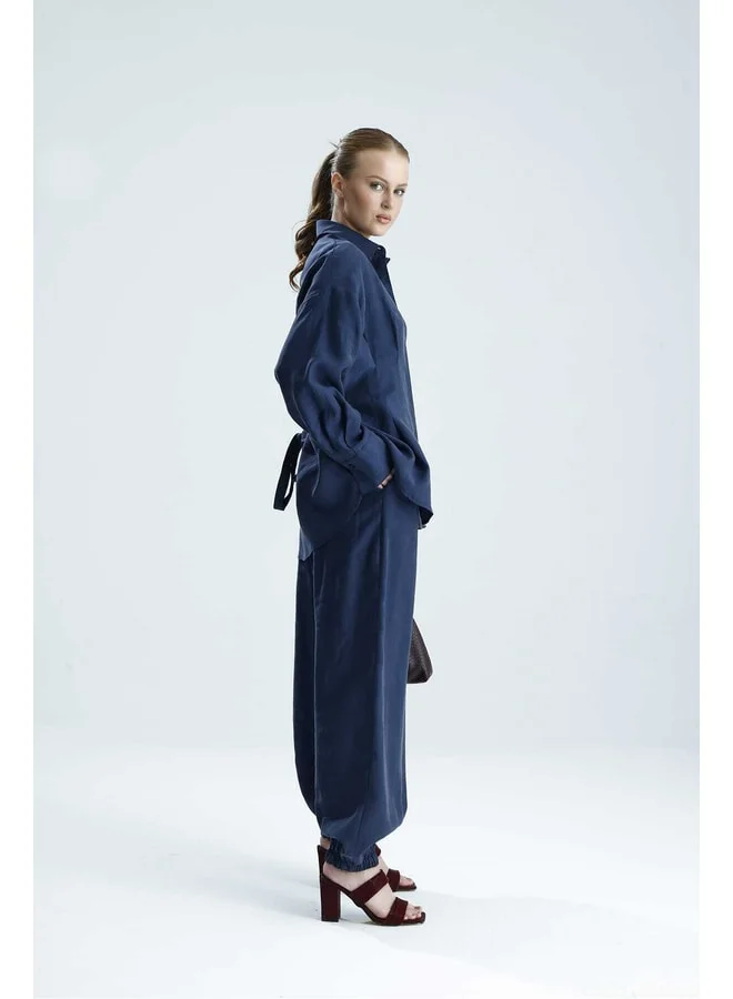 GACACOLLECTION AGAPI Indigo Belted Shirt Palazzo Pants Set.