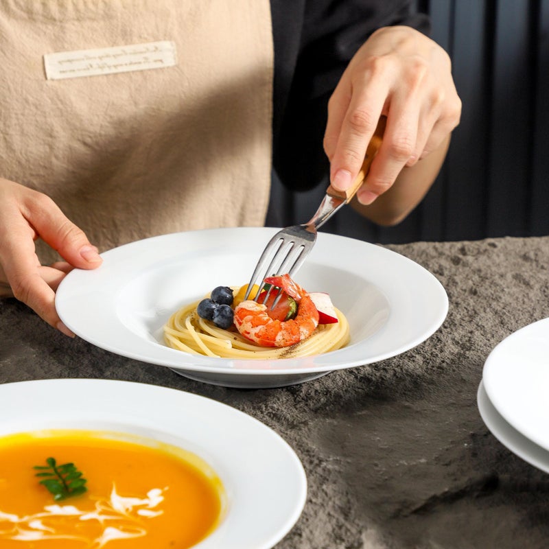 fMBB Ceramic Soup Bowls Shallow Plates, Mother's Day 4 Pack White Dinner Bowls Plates, Porcelain Wide Rim, 8.5" (8.5 oz) Shallow Bowls Ideal for Soup Dessert Salad and Pasta, Microwave and Dishwasher Safe - Image 2