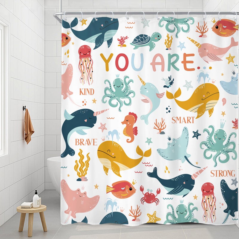 Riyidecor Ocean Kids Shower Curtain 60Wx72H Inch Funny Whale Cartoon Fish Animal Dolphin Underwater Marine Inspirational Quotes Nursery Bathroom Decor Fabric Polyester Waterproof 12 Pack Hooks