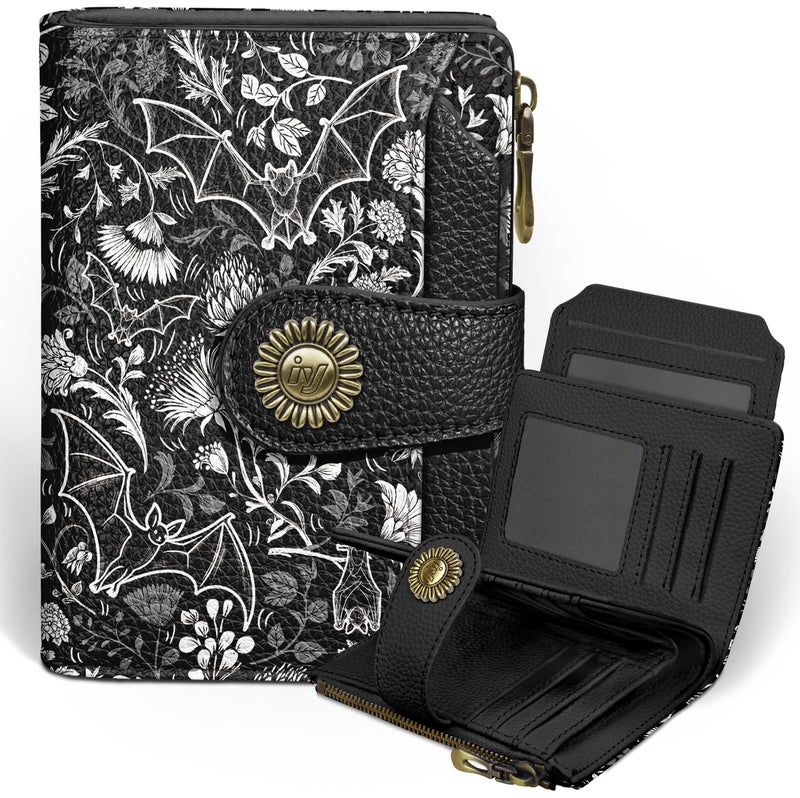 Icycay Goth Gothic Bat Small Wallet Women RFID Blocking Bifold, Credit Card Holder, Zipper Coin Pocket, PU Leather, Funny, Compact, Travel, 4 ID Window, 14 Card Slots, Cash Purse, Ladies Woman Female - Image 1
