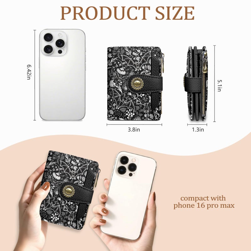 Icycay Goth Gothic Bat Small Wallet Women RFID Blocking Bifold, Credit Card Holder, Zipper Coin Pocket, PU Leather, Funny, Compact, Travel, 4 ID Window, 14 Card Slots, Cash Purse, Ladies Woman Female - Image 4