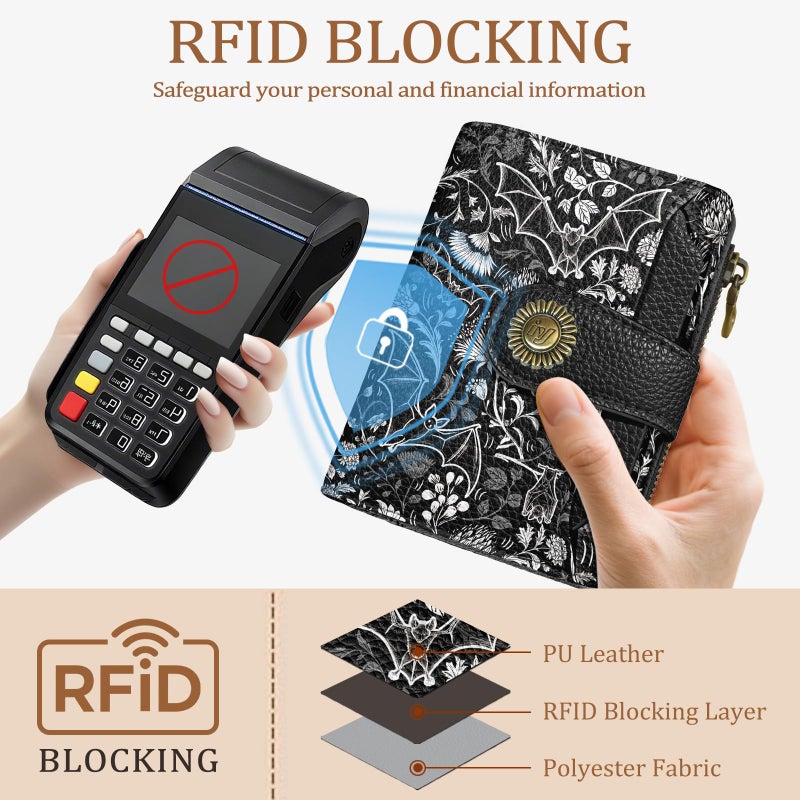 Icycay Goth Gothic Bat Small Wallet Women RFID Blocking Bifold, Credit Card Holder, Zipper Coin Pocket, PU Leather, Funny, Compact, Travel, 4 ID Window, 14 Card Slots, Cash Purse, Ladies Woman Female - Image 3