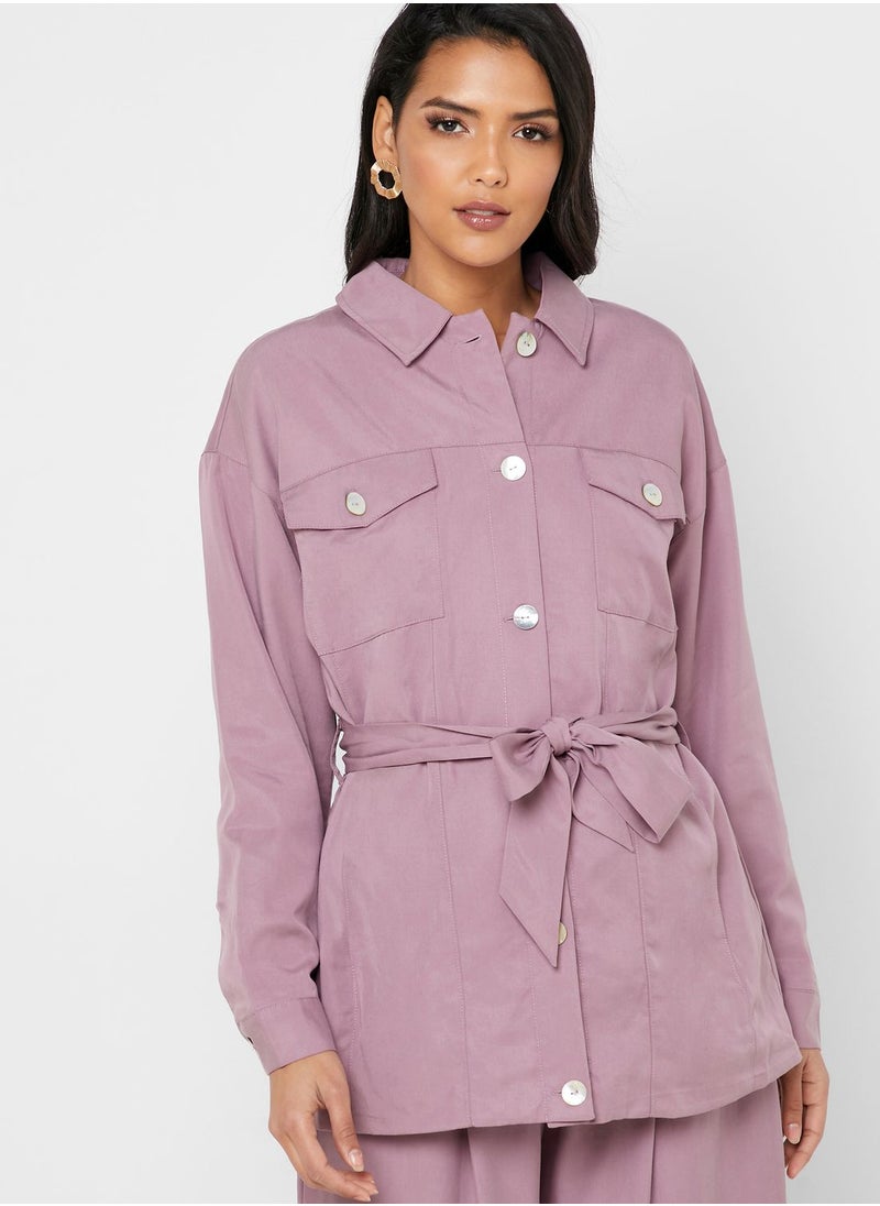 Native Youth Tencel Belted Longline Shirt  - Image 1