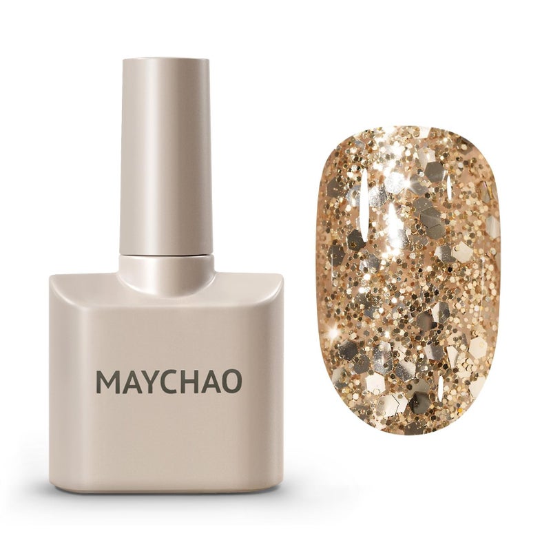 MAYCHAO Gold Glitter Gel Nail Polish, 15ML Diamond Sparkly Shiny Gold Gel Polish UV LED Soak Off Light Cure Nail Varnish for Women Girls Nail Art Starter Manicure Salon DIY at Home, 0.5 OZ - Image 2