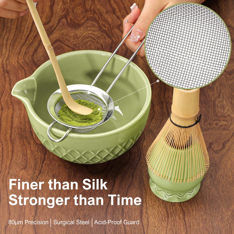 Doasuwish Matcha Whisk Set, 7 Pcs Matcha Kit, Ceramic Matcha Set Includes Matcha Bowl with Spout, Matcha Whisk and Holder, Bamboo Scoop, Scoop Rest, Sifter and Tea Towel (Matcha Green) - Image 4