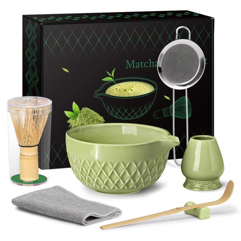 Doasuwish Matcha Whisk Set, 7 Pcs Matcha Kit, Ceramic Matcha Set Includes Matcha Bowl with Spout, Matcha Whisk and Holder, Bamboo Scoop, Scoop Rest, Sifter and Tea Towel (Matcha Green) - Image 1