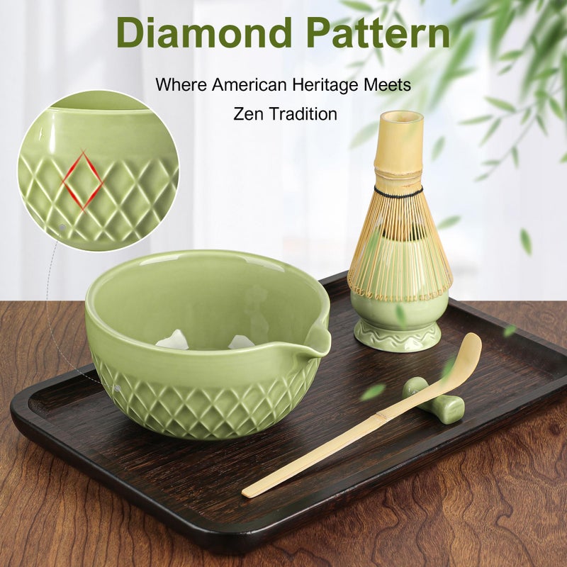 Doasuwish Matcha Whisk Set, 7 Pcs Matcha Kit, Ceramic Matcha Set Includes Matcha Bowl with Spout, Matcha Whisk and Holder, Bamboo Scoop, Scoop Rest, Sifter and Tea Towel (Matcha Green) - Image 2