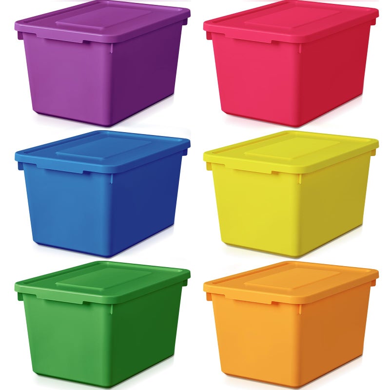 Potchen 6 Pack Cute Plastic Storage Bins with Snap Tight Lids Small Stackable Storage Boxes 9.8" Ã—7.3" Ã—5.7" Storing Totes for Organizing Craft Office Supplies (Colorful) - Image 1