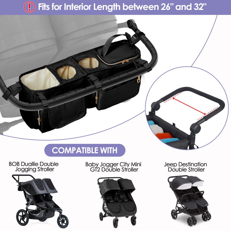 Prokva Double Stroller Organizer Compabitle with BOB Duallie and Baby Jogger City Mini GT2 Double Stroller, Double Parent Stroller Caddy Organizer with Cup Holder and Cooler Bag, Black(Empty Bag) - Image 2