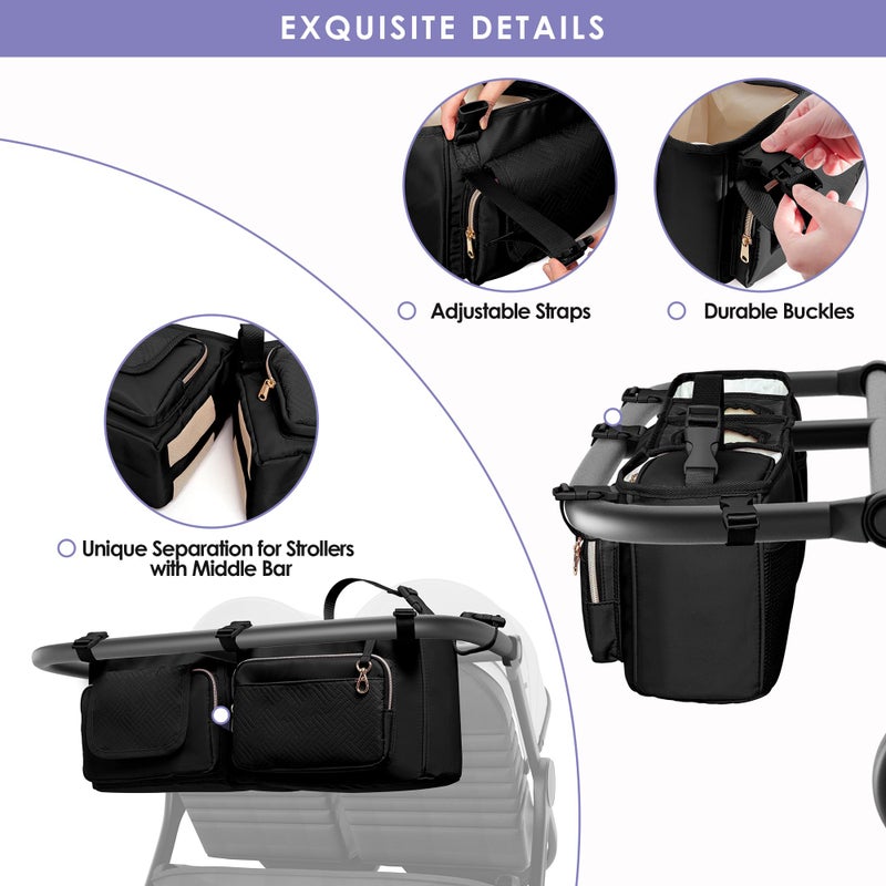 Prokva Double Stroller Organizer Compabitle with BOB Duallie and Baby Jogger City Mini GT2 Double Stroller, Double Parent Stroller Caddy Organizer with Cup Holder and Cooler Bag, Black(Empty Bag) - Image 5