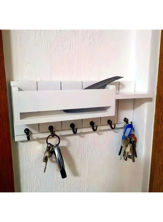 Brown Wall Mounted Key Holder Mail Organizer with Hooks Entryway Storage Shelf - Image 5