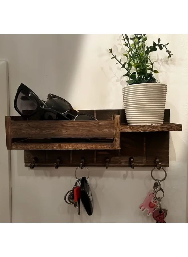 Brown Wall Mounted Key Holder Mail Organizer with Hooks Entryway Storage Shelf - Image 3