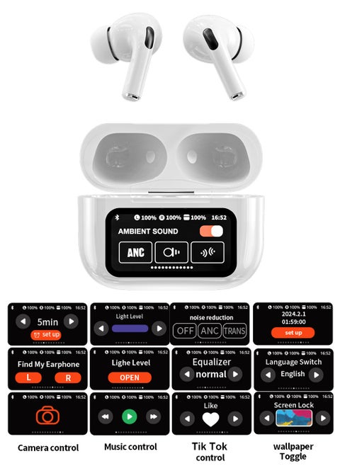 TWS Bluetooth 5.4 Wireless In-Ear Headset Ultra-Low Latency Music Bluetooth Earphones and 360° Stereo Sound Bluetooth Earbuds with Touch Screen Display Bluetooth Headphones with TIK TOK Control
