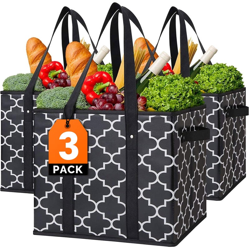 WISELIFE Reusable Grocery Bags 3Pack Foldable Washable Large Storage Bins Basket Water Resistant Shopping Tote Bag Black