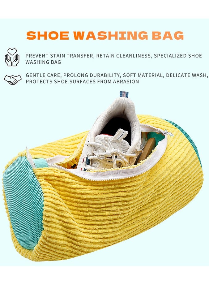 حقيبة غسيل أحذية متينة لجميع الأنواع – صفراء مع سحاب أزرق، حقيبة غسيل واقية بداخلية مبطنة غنية، مثالية للأحذية الرياضية والعادية - Image 2