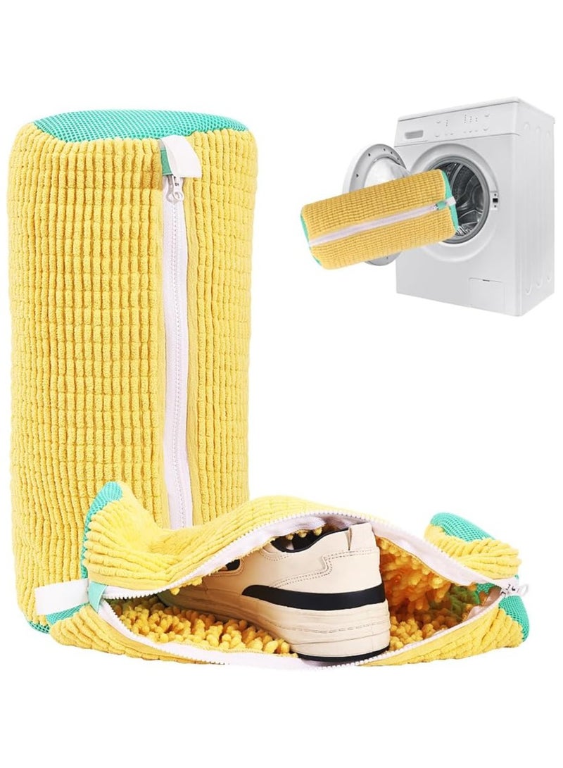 حقيبة غسيل أحذية متينة لجميع الأنواع – صفراء مع سحاب أزرق، حقيبة غسيل واقية بداخلية مبطنة غنية، مثالية للأحذية الرياضية والعادية - Image 1