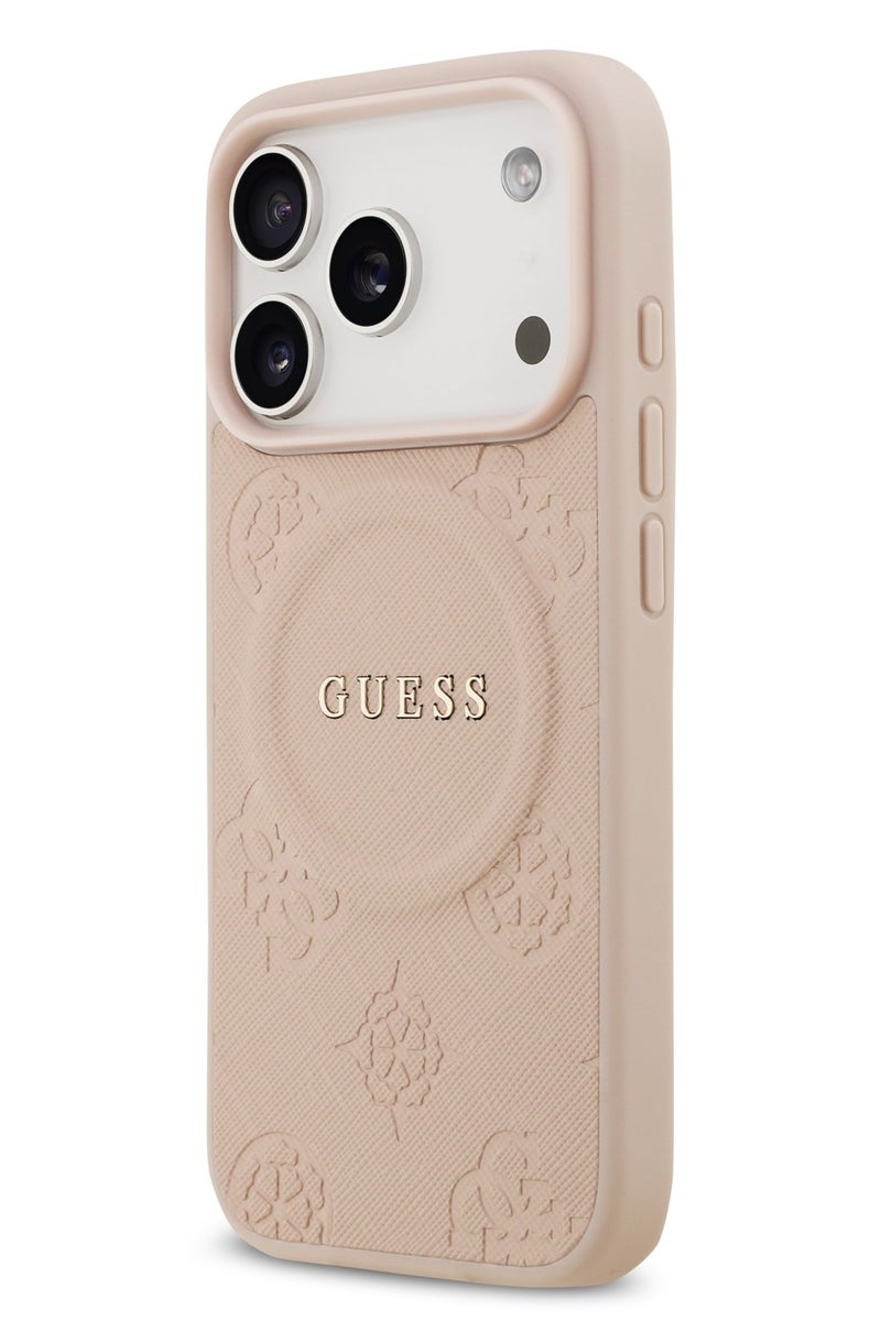 GUESS iPhone 17 Pro Max MagSafe Case PU Leather With Peony Hot Stamp Design With Classic Logo  / Magsafe Compatible / Ultra Slim / lightweight design / Easy Installation - Pink - Image 3