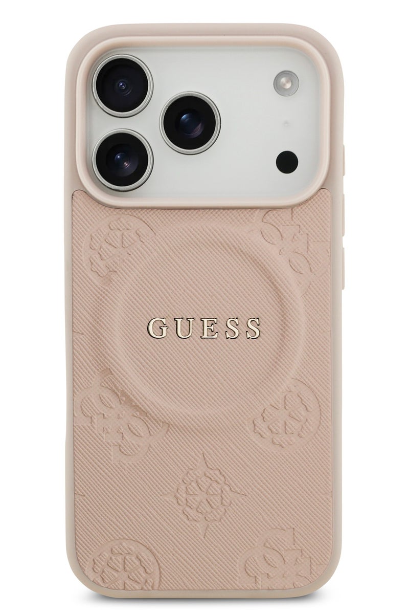 GUESS iPhone 17 Pro Max MagSafe Case PU Leather With Peony Hot Stamp Design With Classic Logo  / Magsafe Compatible / Ultra Slim / lightweight design / Easy Installation - Pink - Image 1