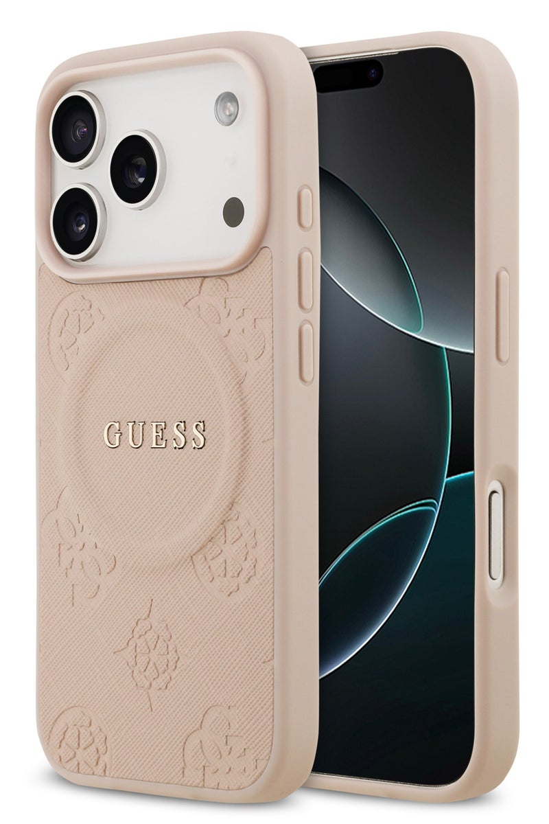 GUESS iPhone 17 Pro Max MagSafe Case PU Leather With Peony Hot Stamp Design With Classic Logo  / Magsafe Compatible / Ultra Slim / lightweight design / Easy Installation - Pink - Image 2