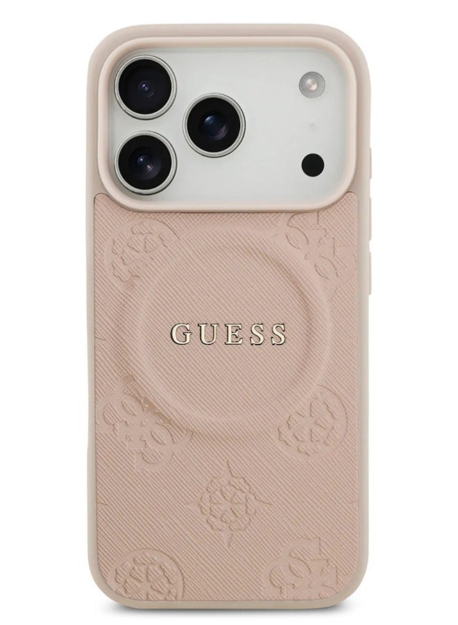 GUESS iPhone 17 Pro Max MagSafe Case PU Leather With Peony Hot Stamp Design With Classic Logo  / Magsafe Compatible / Ultra Slim / lightweight design / Easy Installation - Pink - Image 1
