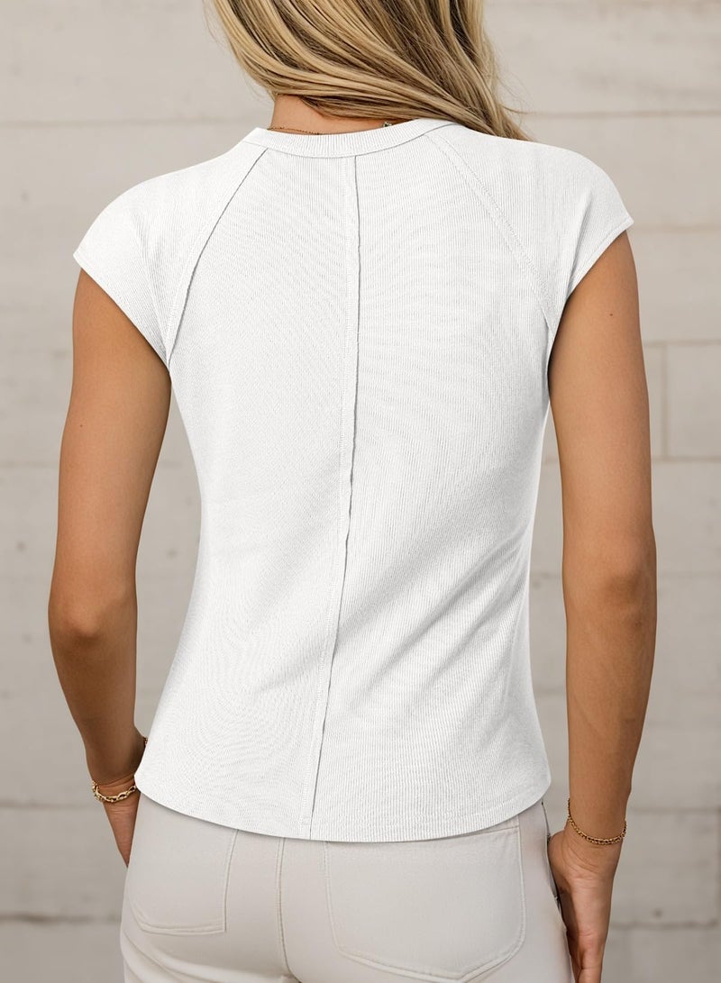 Sidefeel Womens Tops Summer Casual Crewneck Cap Sleeve Tops Raw Hem Ribbed T Shirts Slim Fit Basic Tees Blouses White S - Image 2