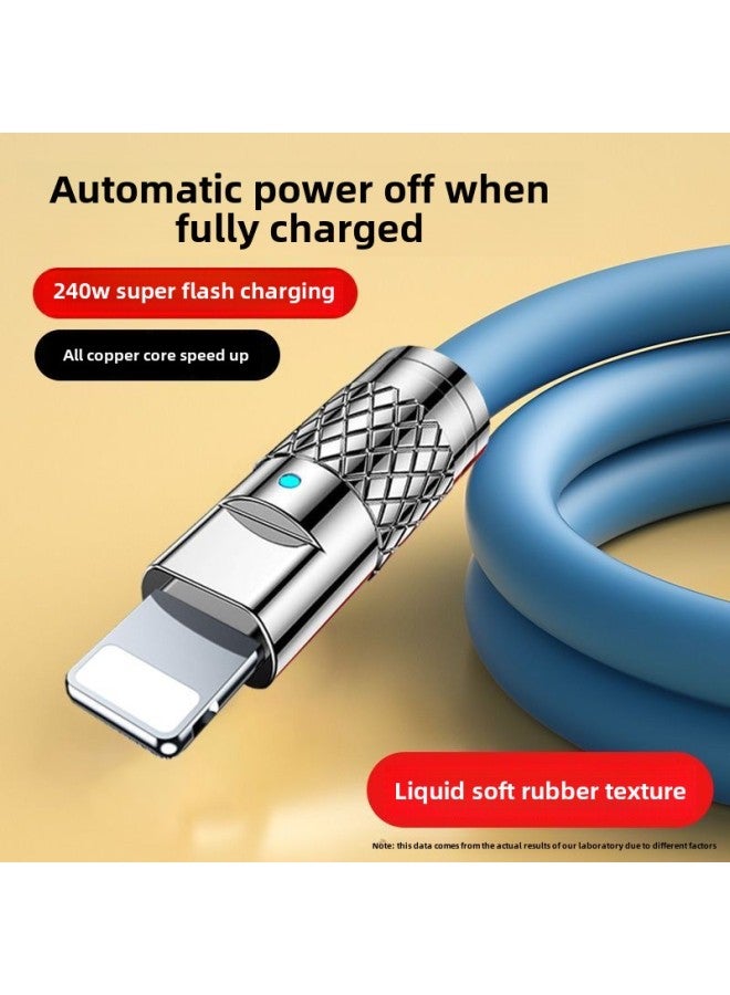 240W Bold Metal Data Cable Fast Charging Suitable For Huawei Apple Glory Mobile Phone Tablet Typec Charging Line 6A-Color:Water Yao Blue 【thunder Mecha Thick Line Body】 Pingguo Interface-240w Flying - Image 1